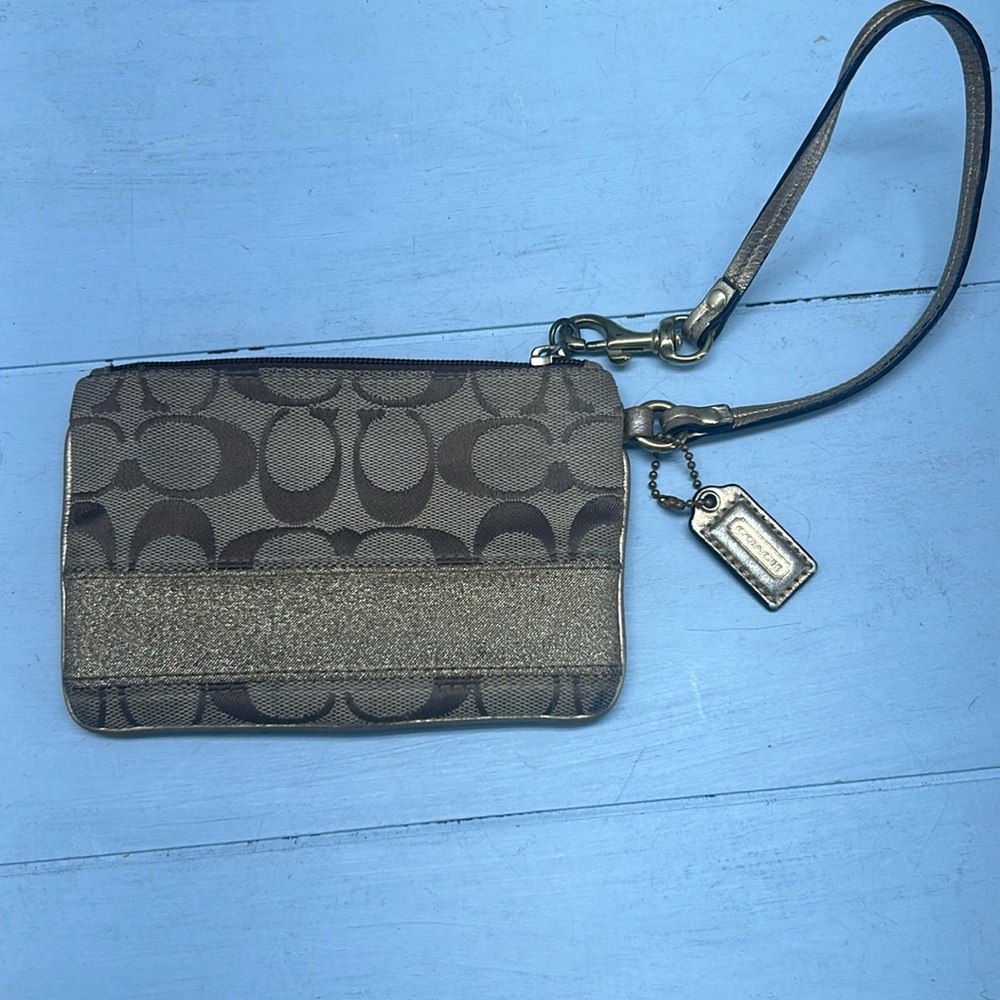 Coach Wristlet Small Brown and‎ Gold Jacquard Fabric Soho Coin Purse Card Holder